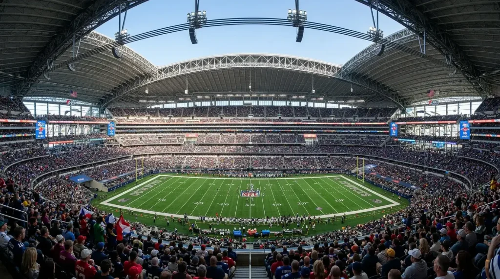 Estadio de fútbol americano con vista panorámica del campo verde y gradas iluminadas para un partido de la NFL
