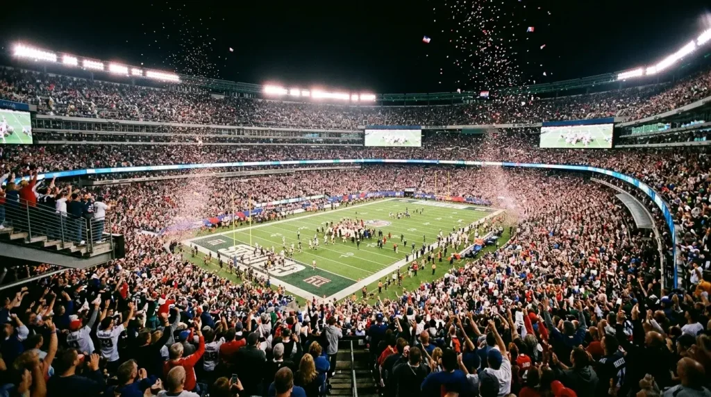 Estadio de fútbol americano iluminado durante un partido nocturno del Super Bowl