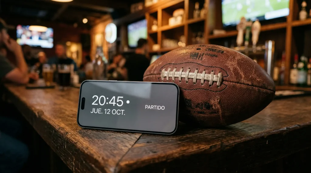 Teléfono móvil sobre una mesa junto a un balón de fútbol americano en un ambiente deportivo