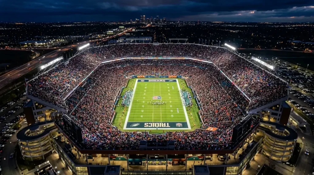 Vista aérea de un estadio de fútbol americano NFL lleno de espectadores durante un partido nocturno