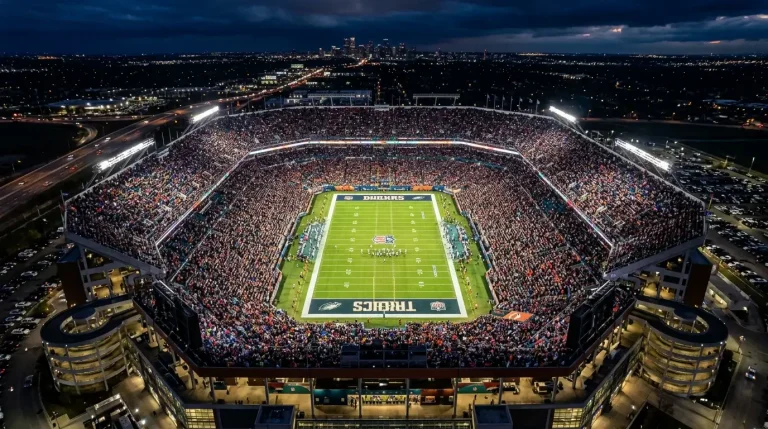 Vista aérea de un estadio de fútbol americano NFL lleno de espectadores durante un partido nocturno