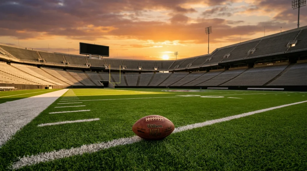 Balón de fútbol americano en el césped de un estadio vacío al atardecer