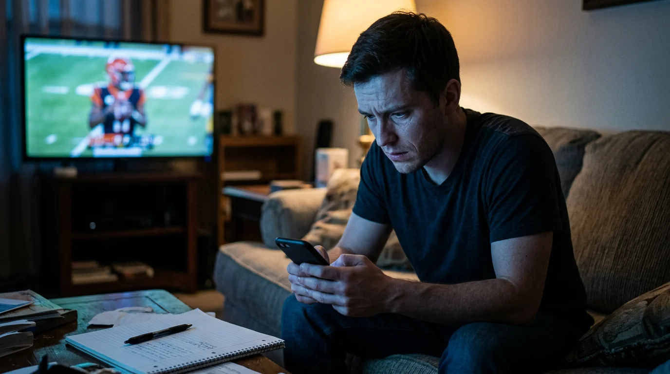 Apostador revisando resultados de parlays NFL en su teléfono móvil
