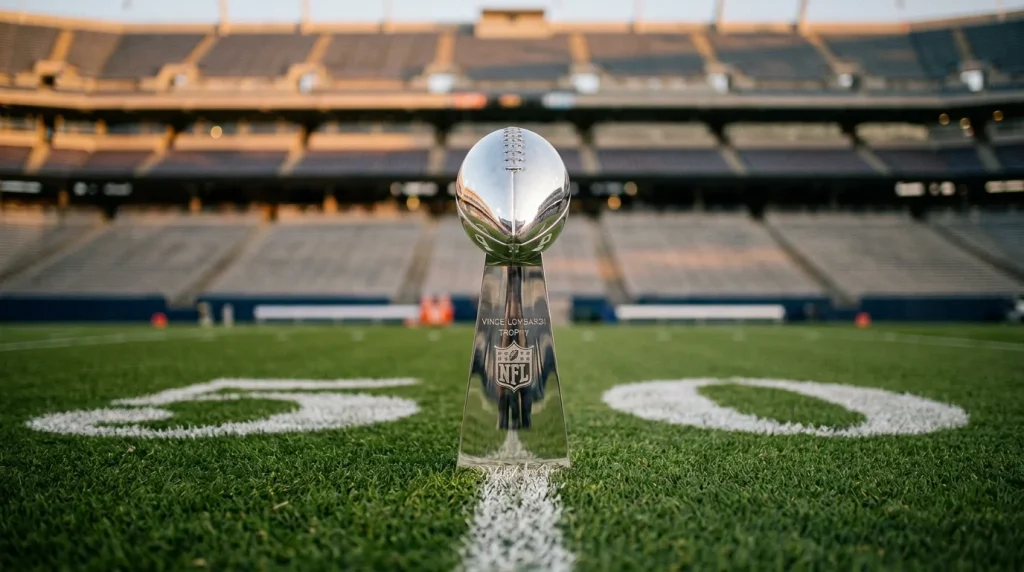 Trofeo Vince Lombardi del Super Bowl sobre césped de un campo de fútbol americano