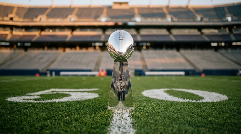 Trofeo Vince Lombardi del Super Bowl sobre césped de un campo de fútbol americano
