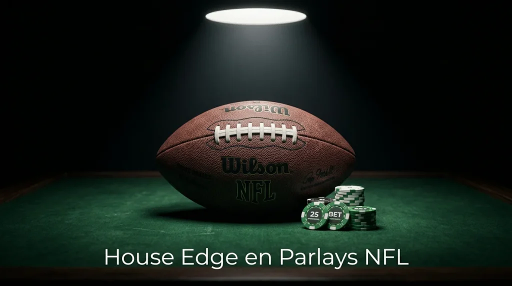 House edge en parlays NFL representado con un balón de fútbol americano sobre campo verde