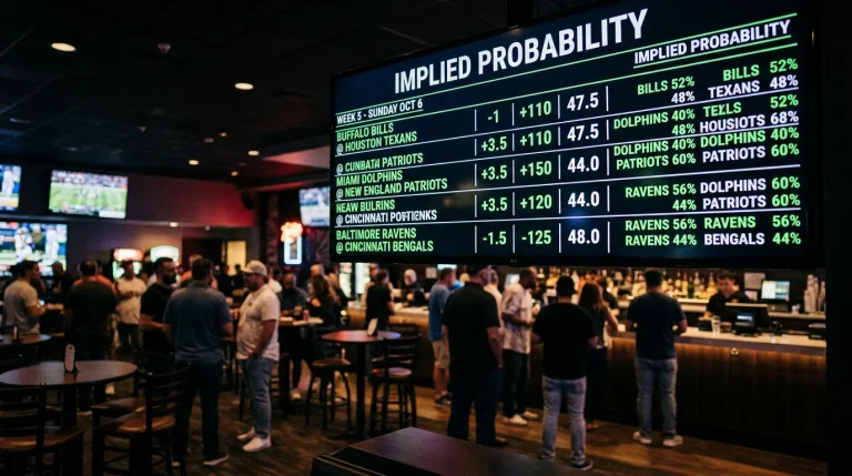 Pizarra de cuotas de apuestas deportivas NFL con líneas y números en un sportsbook