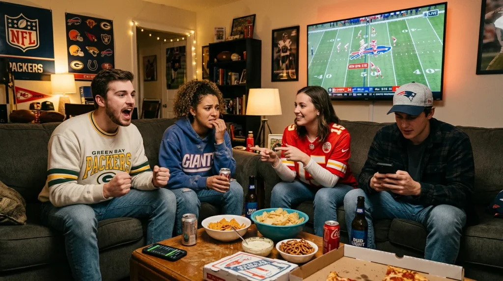 Grupo de jóvenes viendo un partido de fútbol americano NFL en un televisor grande en una sala