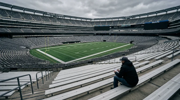 Persona sentada sola en las gradas vacías de un estadio de fútbol americano mirando el campo