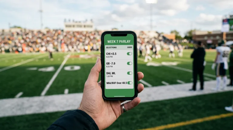Mano sosteniendo un teléfono móvil frente a un campo de fútbol americano