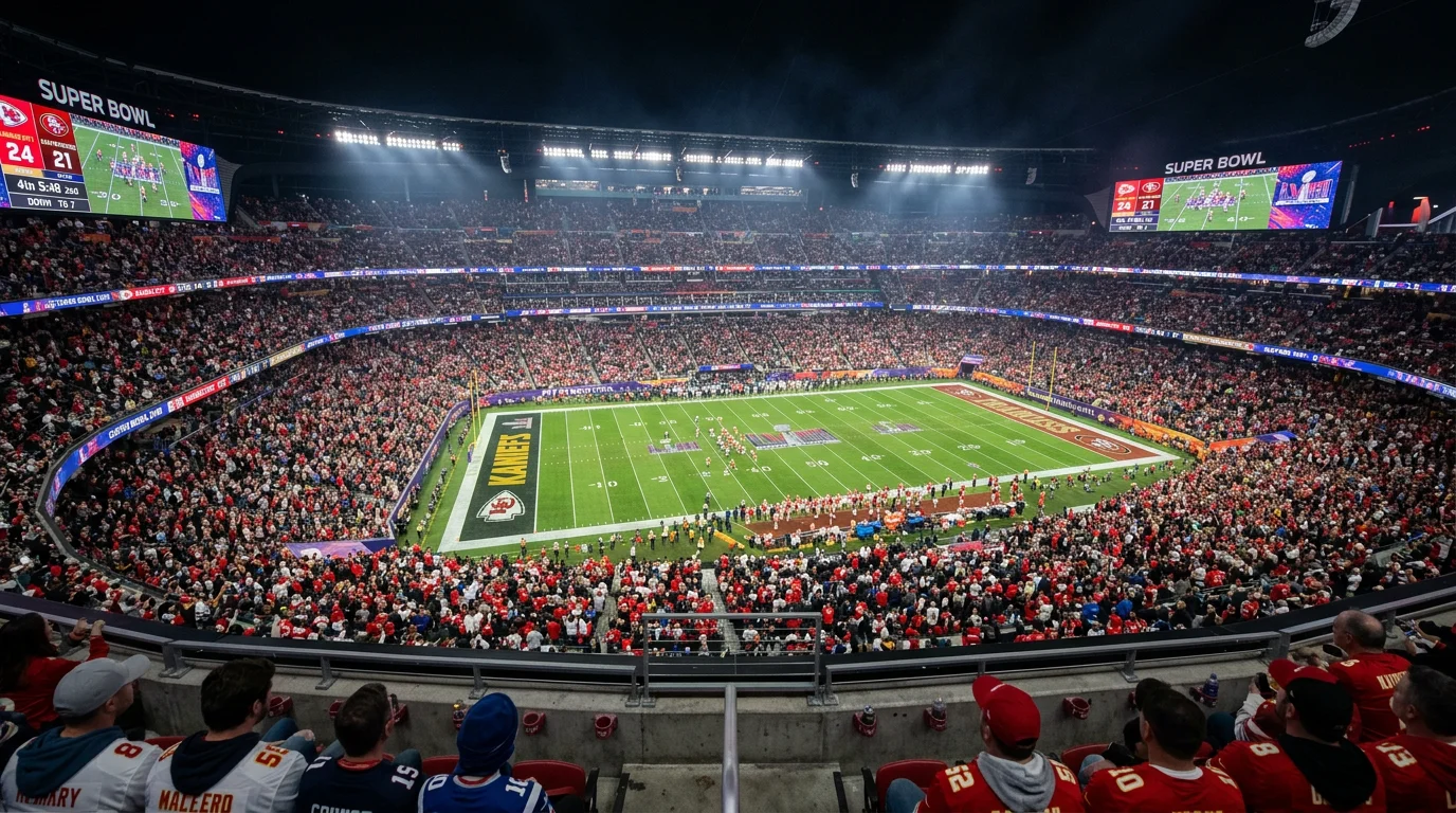Estadio de fútbol americano NFL durante el Super Bowl con ambiente de apuestas deportivas