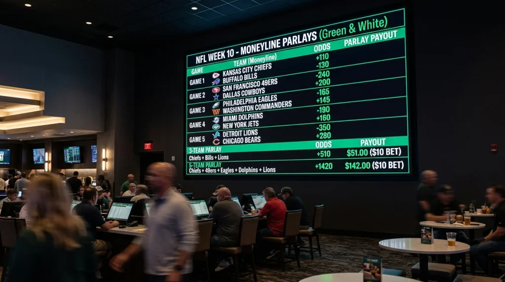 Pantalla de un sportsbook mostrando líneas de moneyline de partidos NFL