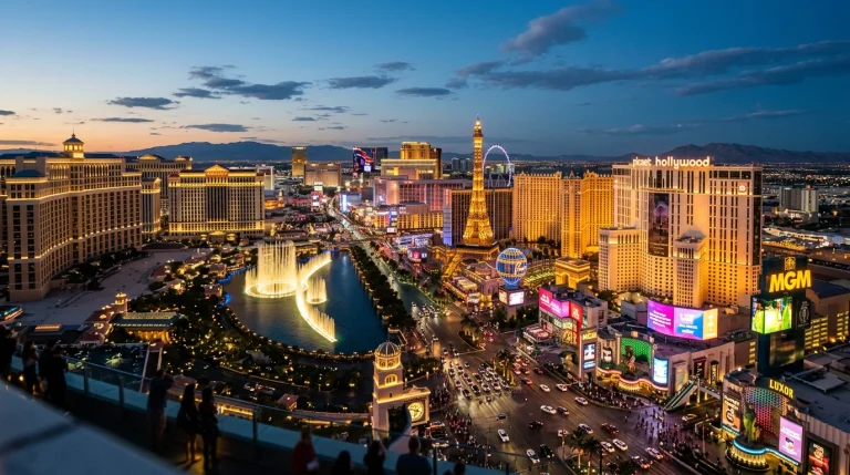 Vista panorámica del Strip de Las Vegas con letreros de casinos y sportsbooks iluminados de noche