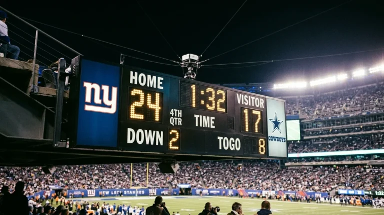 Marcador electrónico de un estadio NFL mostrando puntuación de un partido de fútbol americano