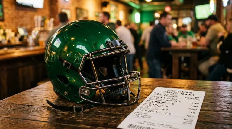 Casco de fútbol americano sobre una mesa junto a un boleto de apuesta deportiva