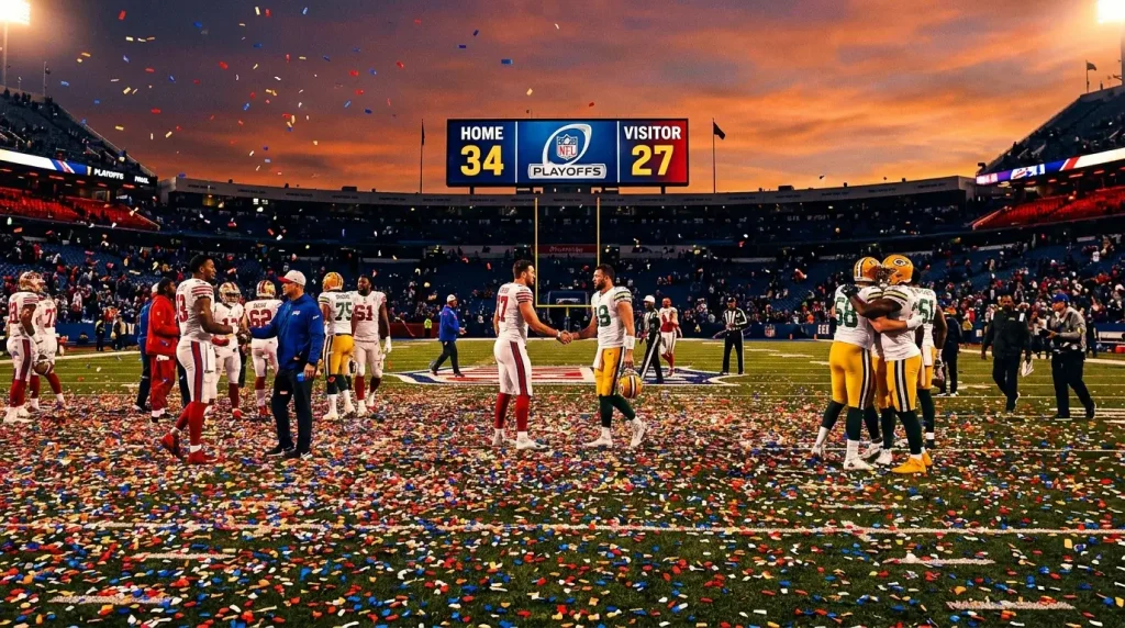 Campo de fútbol americano NFL cubierto de confeti después de un partido de playoffs con el marcador de fondo