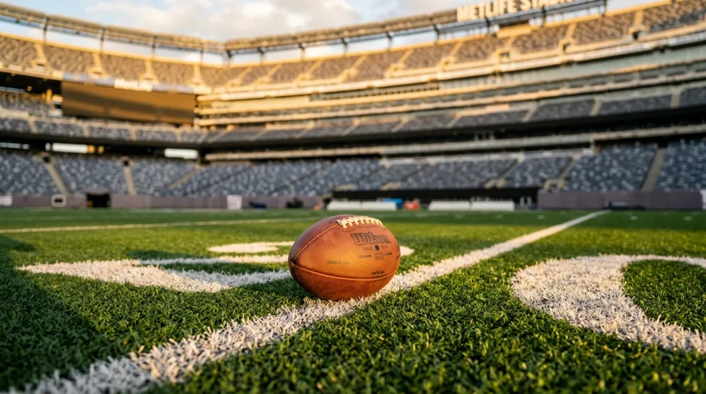 Balón de fútbol americano sobre césped con líneas del campo marcadas en un estadio NFL vacío al atardecer
