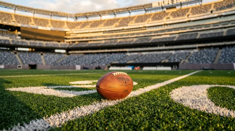 Balón de fútbol americano sobre césped con líneas del campo marcadas en un estadio NFL vacío al atardecer