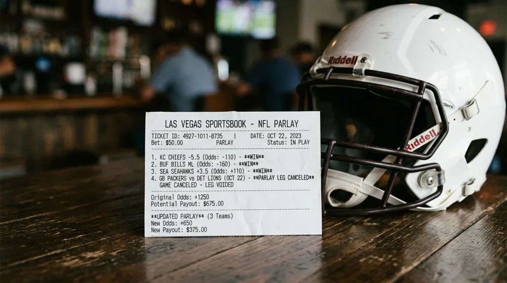 Boleto de apuestas deportivas sobre una mesa junto a un casco de fútbol americano de la NFL