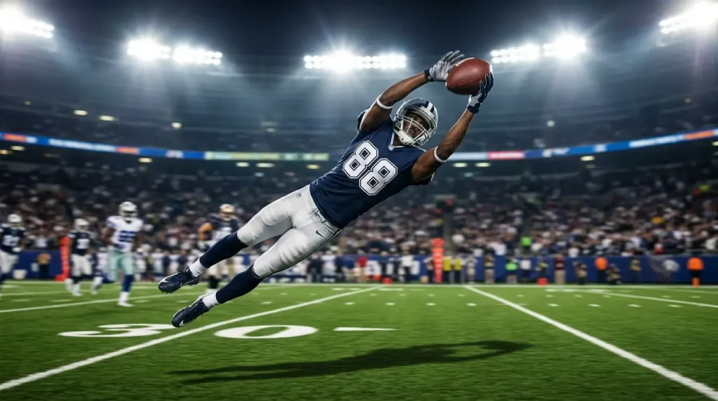 Receptor de fútbol americano atrapando un pase en un partido de la NFL bajo las luces del estadio