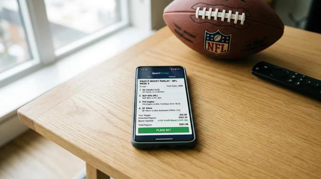 Teléfono móvil sobre una mesa mostrando la pantalla de una aplicación de apuestas deportivas NFL