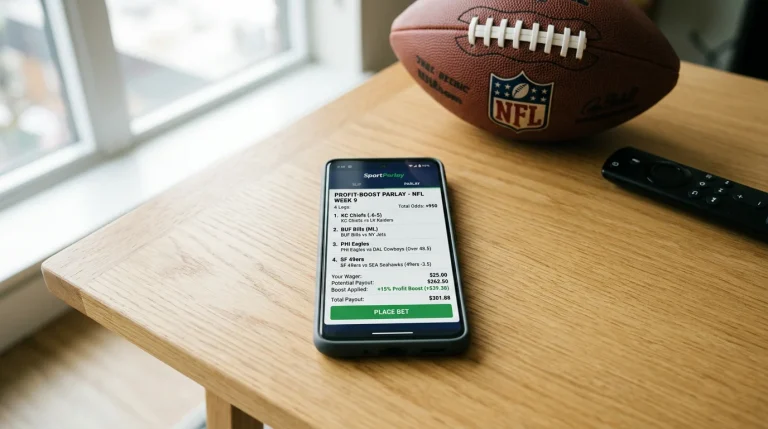 Teléfono móvil sobre una mesa mostrando la pantalla de una aplicación de apuestas deportivas NFL
