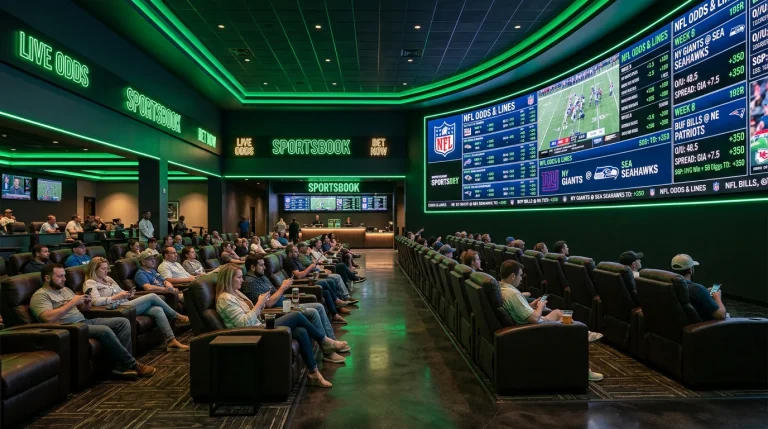 Fachada iluminada de un sportsbook con pantallas mostrando cuotas de fútbol americano NFL