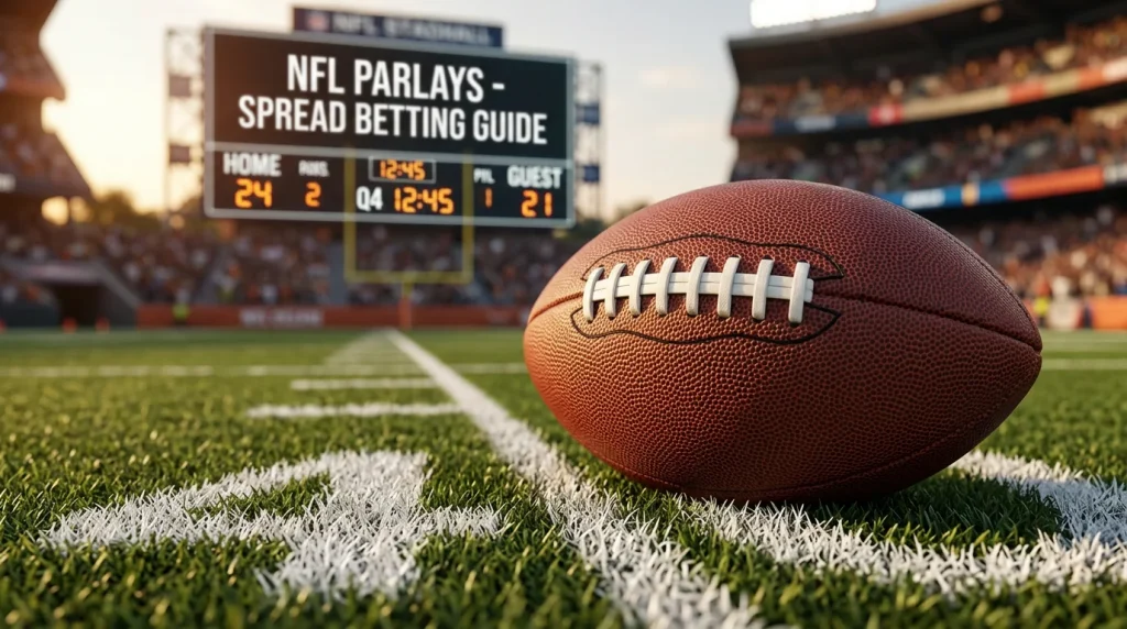 Balón de fútbol americano junto a una pizarra con líneas de spread en un estadio de la NFL