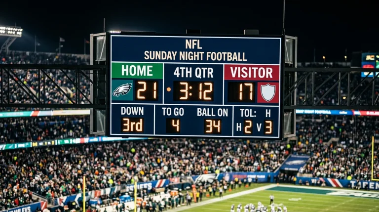 Marcador electrónico de un estadio NFL mostrando un puntaje cerrado durante un partido de fútbol americano