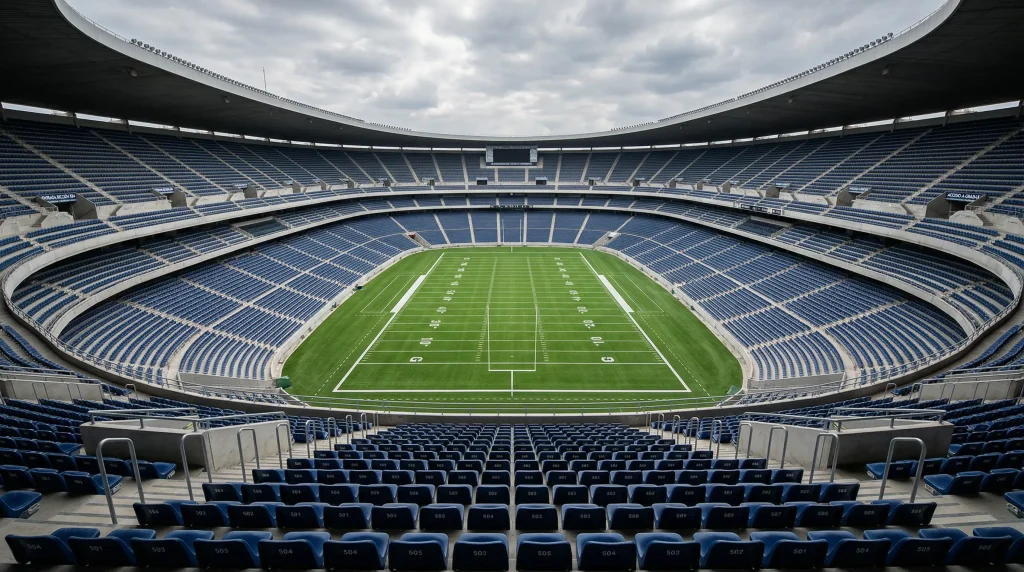 Estadio de fútbol americano vacío con gradas y campo visto desde la zona alta