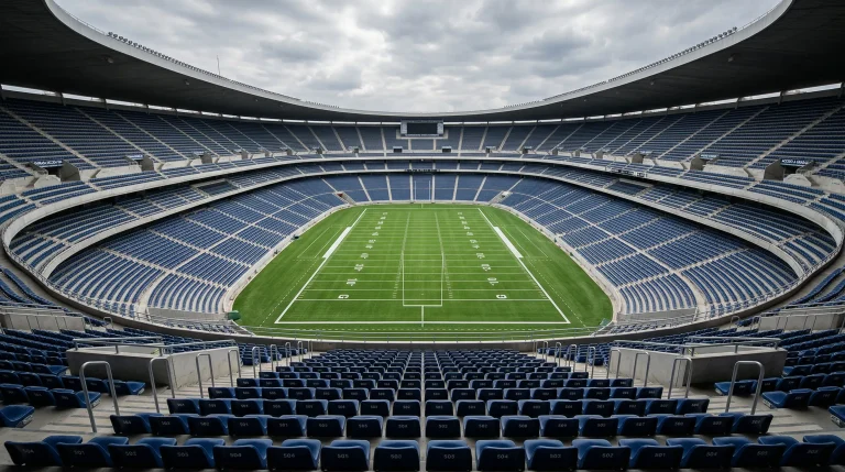Estadio de fútbol americano vacío con gradas y campo visto desde la zona alta